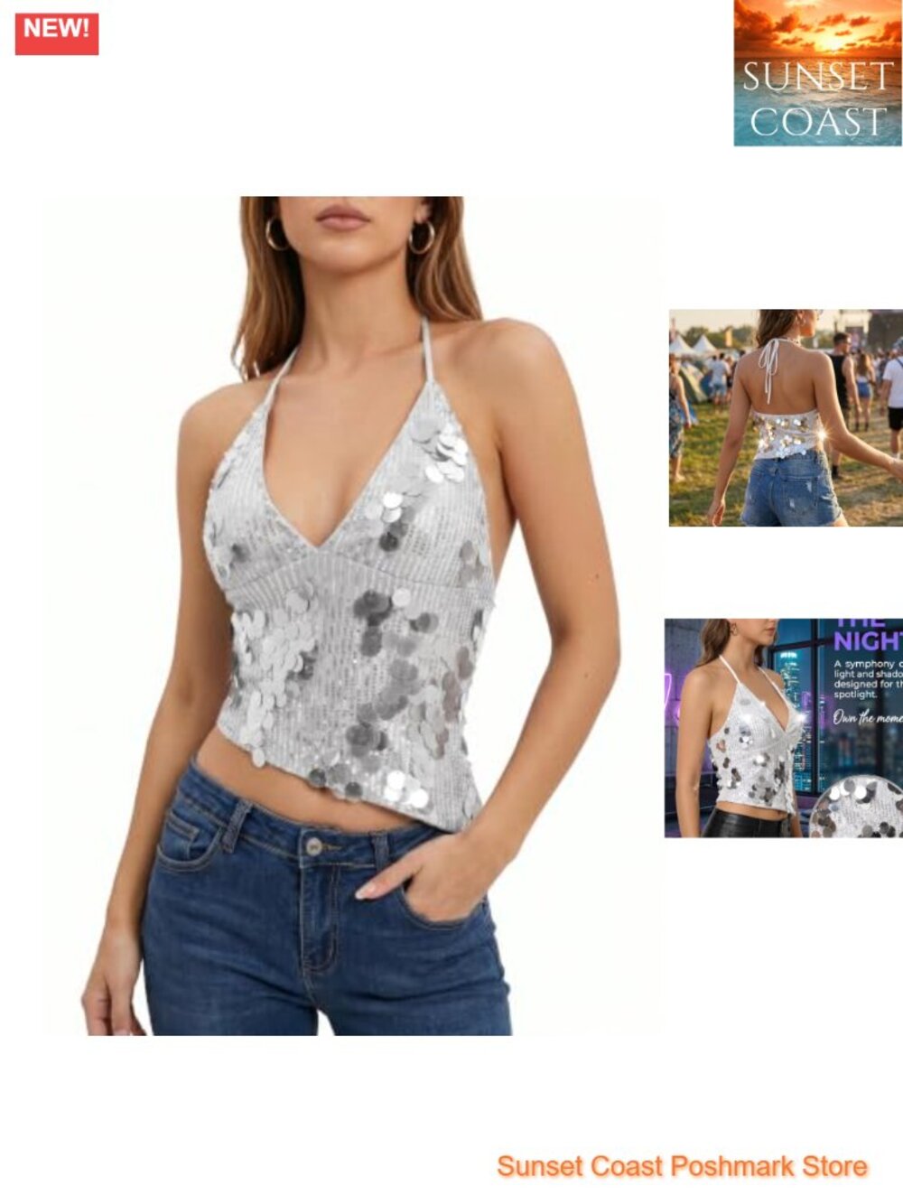 Sequin Halter Crop Top V Neck Backless Sparkle Going Out Tanks & Camis